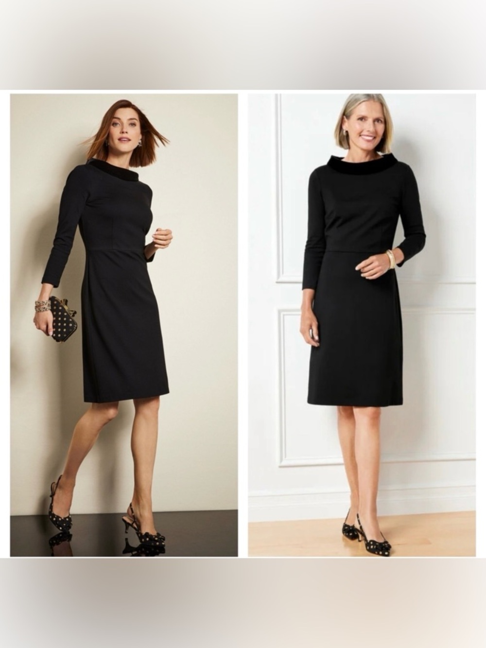 Talbots Velvet Trim Ponte Knit Dress 3/4 Sleeves in Black Size 10 Petite NWT
